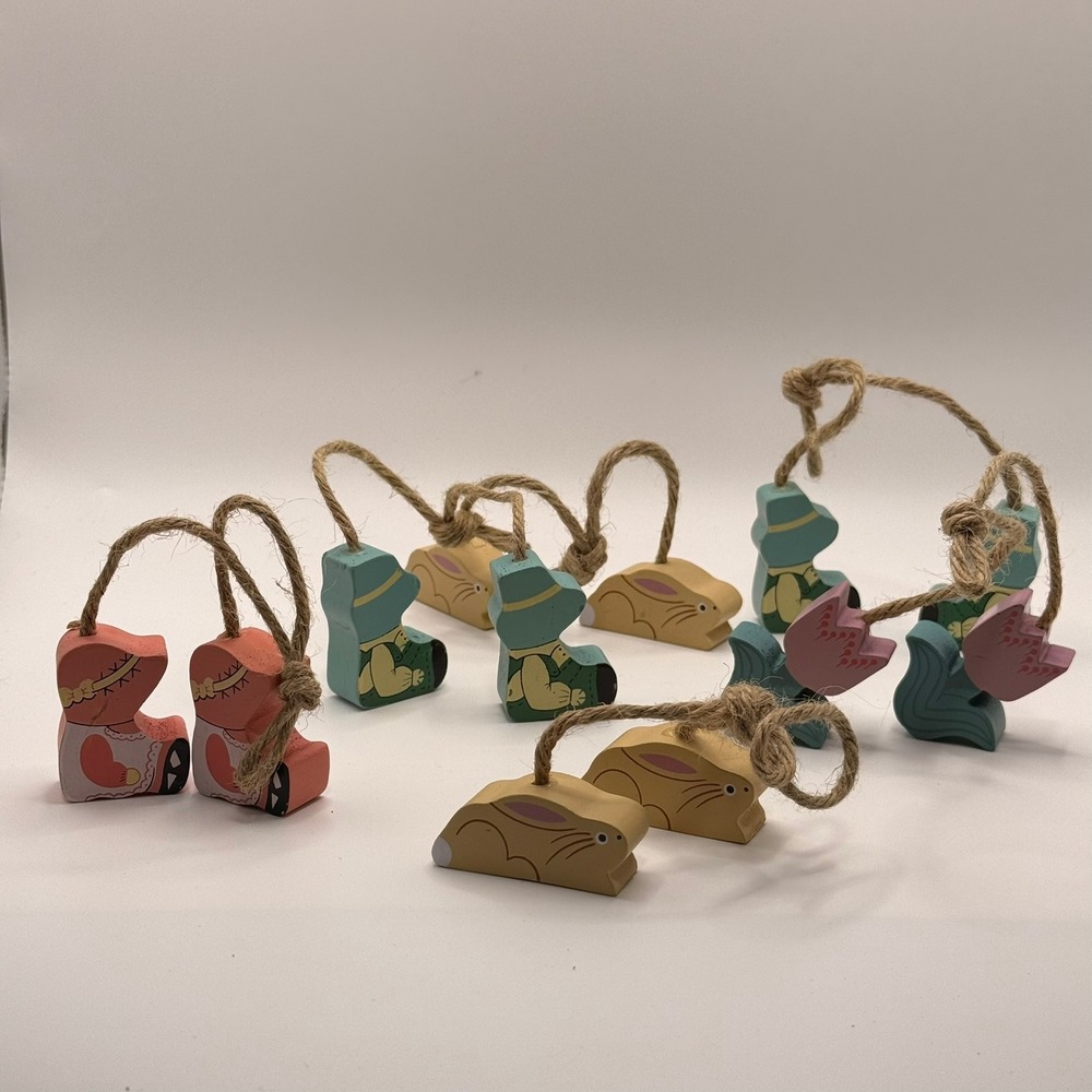 Vintage Wooden Easter Ornaments Set of 10 Bunny Tulip Folk Figures Jute